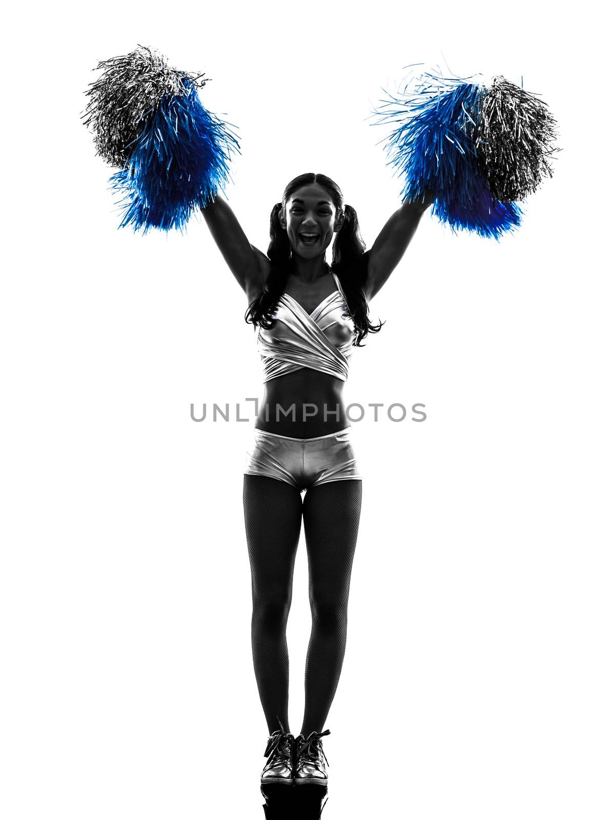 one young woman cheerleader cheerleading  silhouette studio on white background