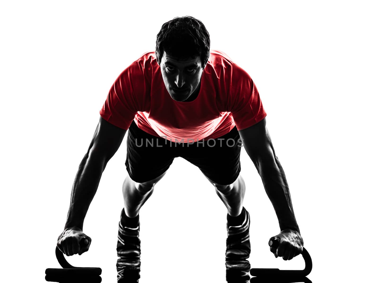 one  man exercising fitness workout push ups  in silhouette  on white background