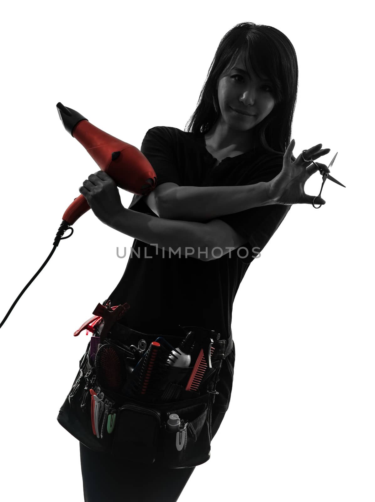 one hairdresser make up artist woman in silhouette  on white background