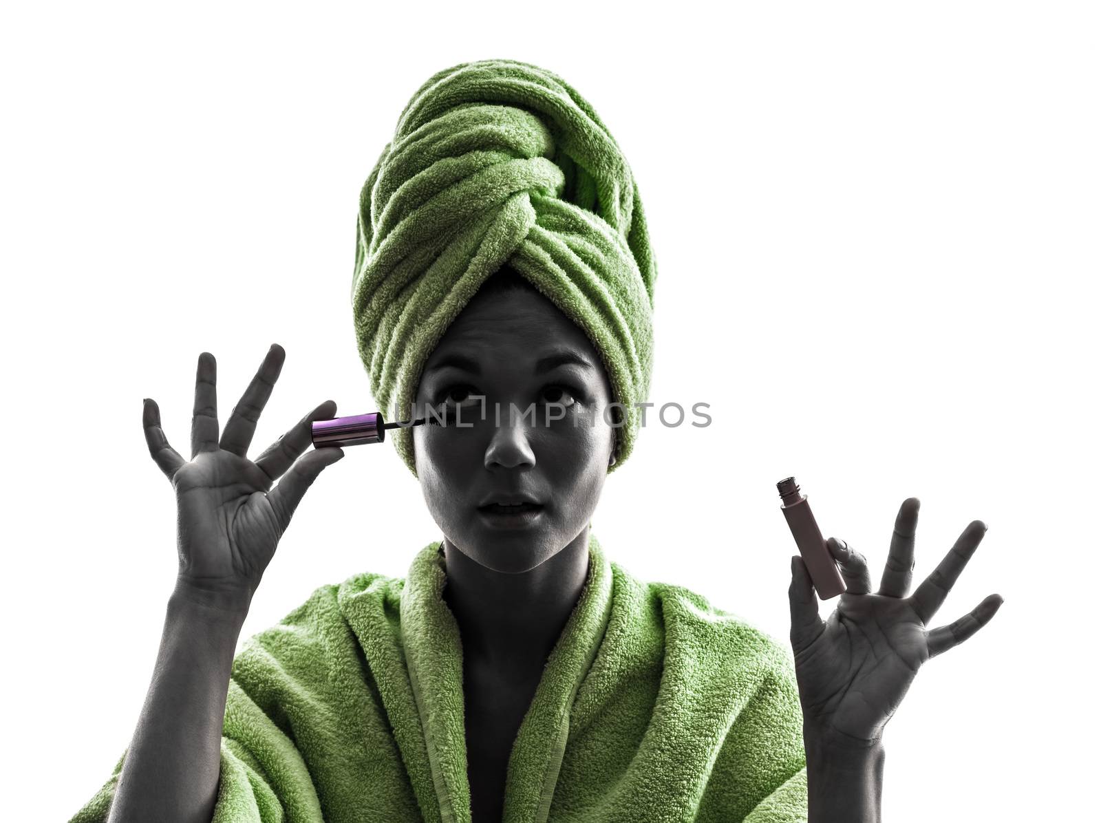 one  woman mascara brush in silhouette  on white background