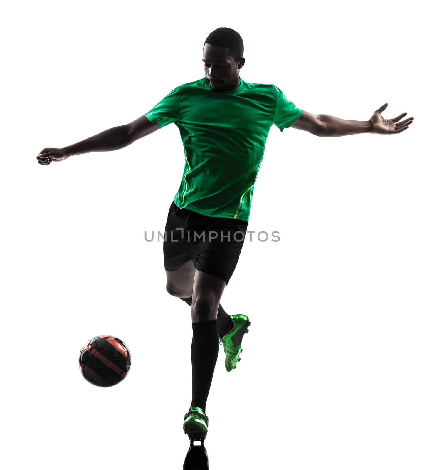 one african man soccer player green jersey in silhouette  on white background