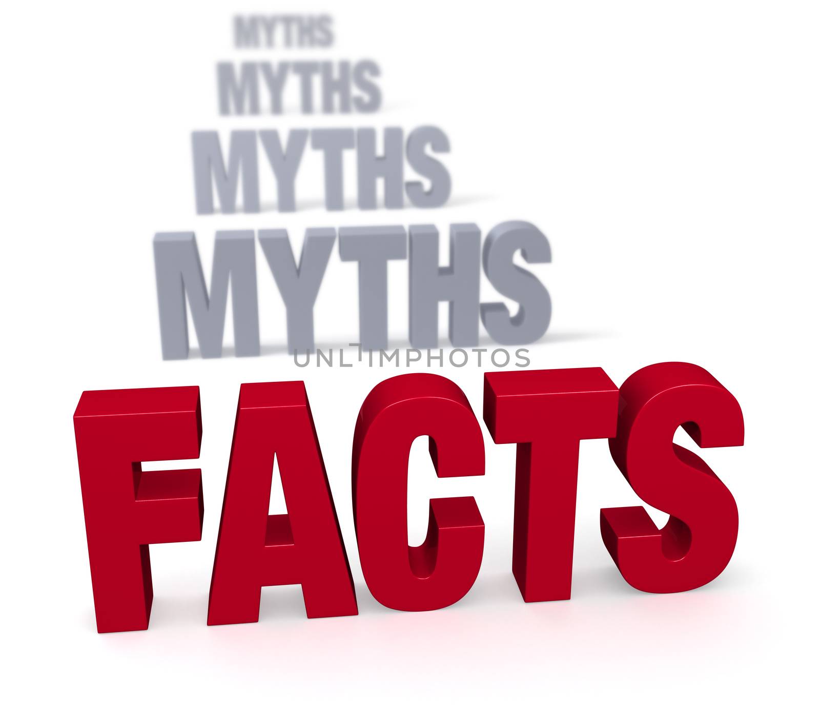 Sharp focus on large, shiny red "FACTS" in front of a row of plain, gray "MYTHS" blurring and receding into the distance.  Isolated on white.