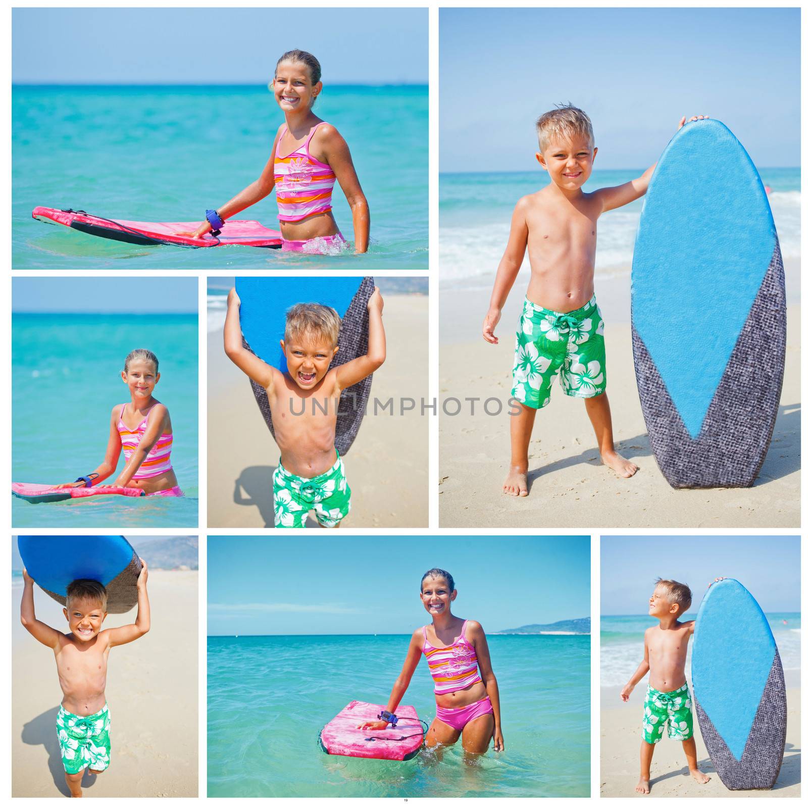 Collage of images little surfers. Cute boy and girl with surfboard standing near ocean.