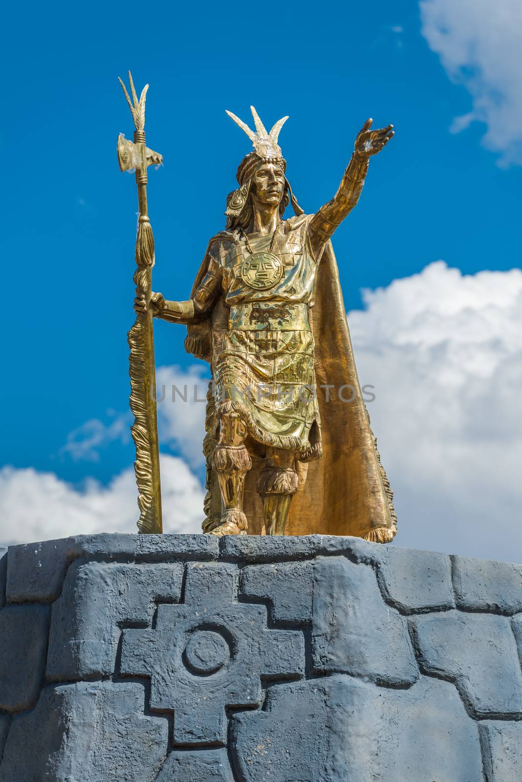 Pachacutec Inca statue in Plaza de Armas of Cuzco Peru