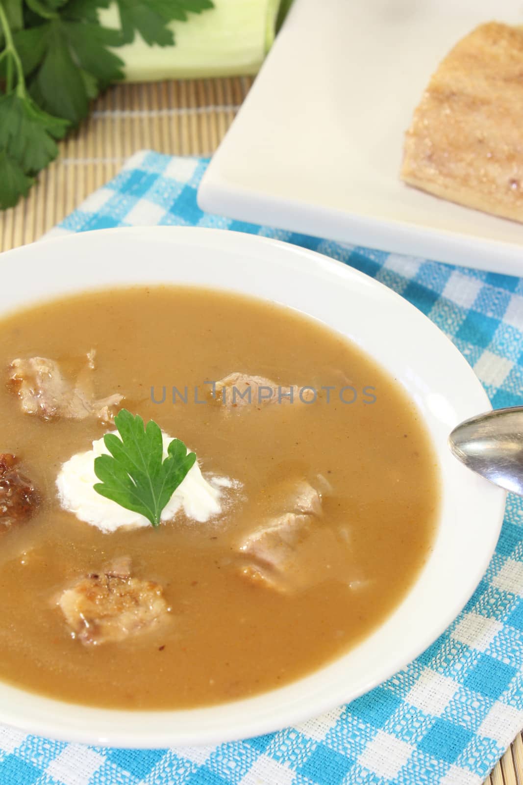 fresh delicious duck soup on a checkered napkin