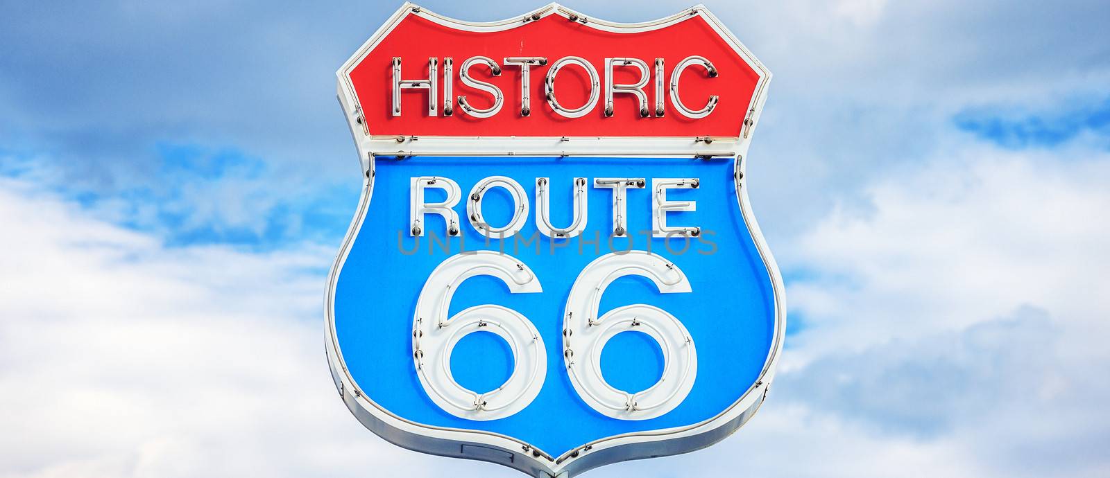 Panoramic view of famous Route 66 sign, USA 