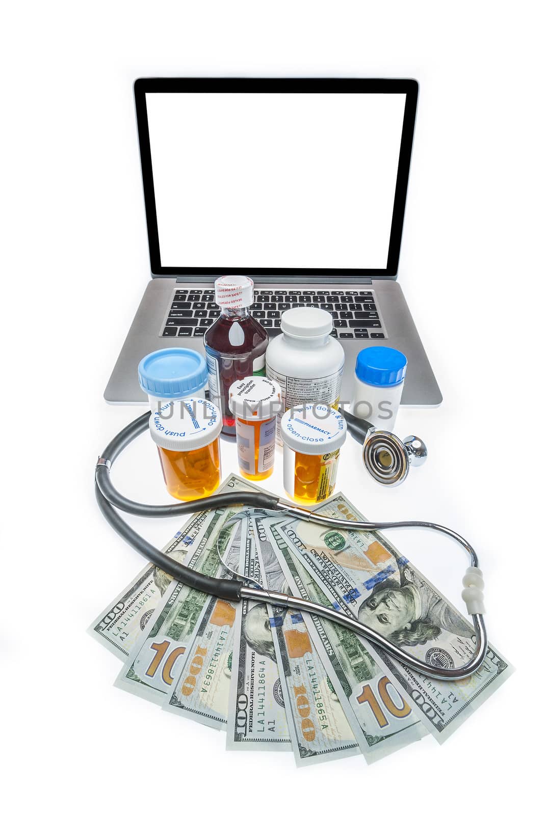 Health care costs illustrated by drugs and doctors with blank screen for type insertion