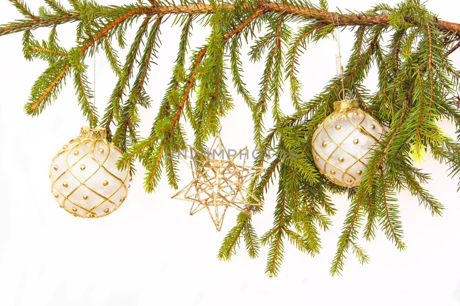 White Christmas bulbs form a pine branch. Isolated