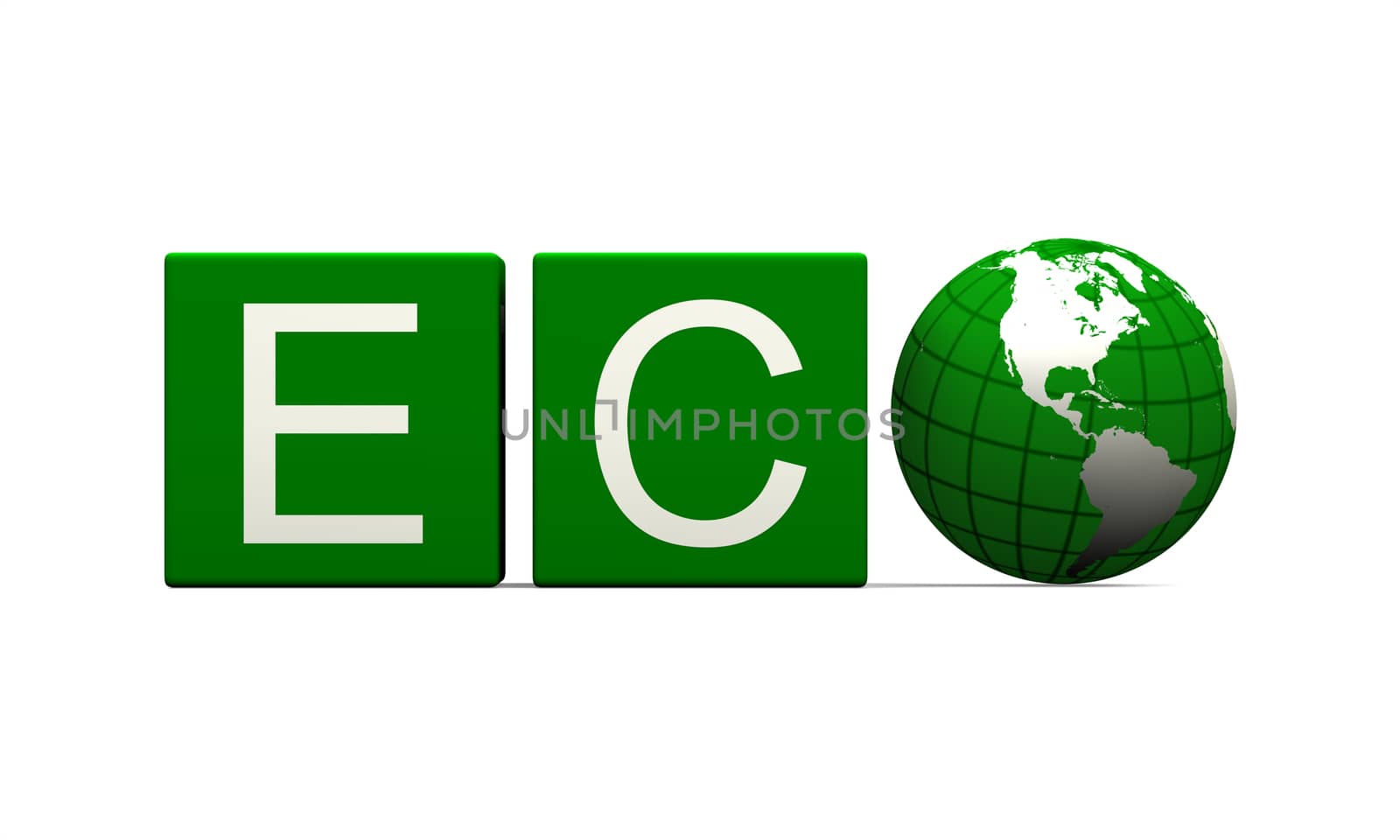Green eco sign isolated on white background with planet Earth as "o" letter