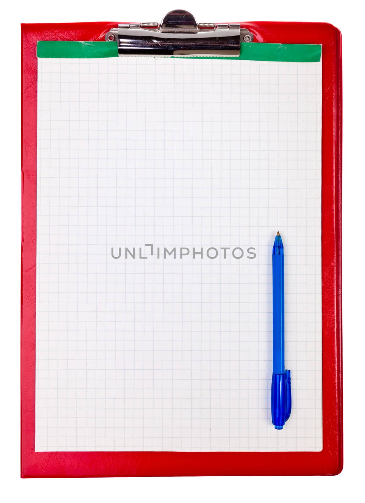 Blank paper sheet on red clipboard with pen on white background