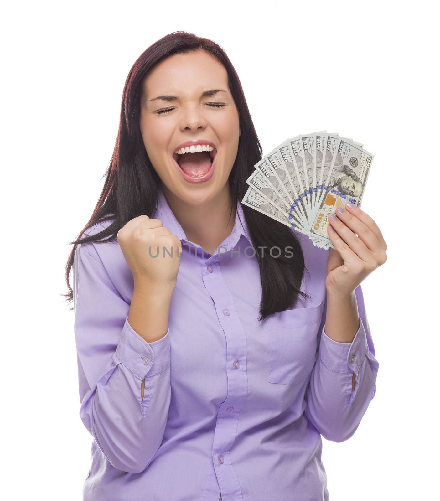 Excited Mixed Race Woman Holding the Newly Designed United States One Hundred Dollar Bills Isolated on a White Background.