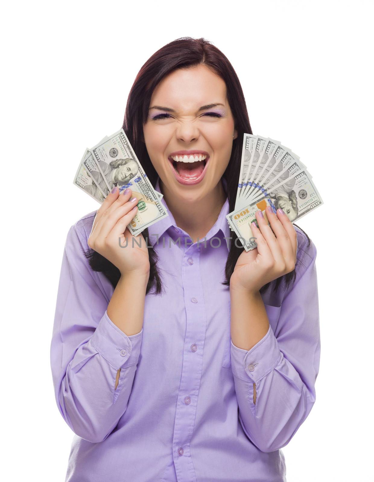 Excited Mixed Race Woman Holding the Newly Designed United States One Hundred Dollar Bills Isolated on a White Background.