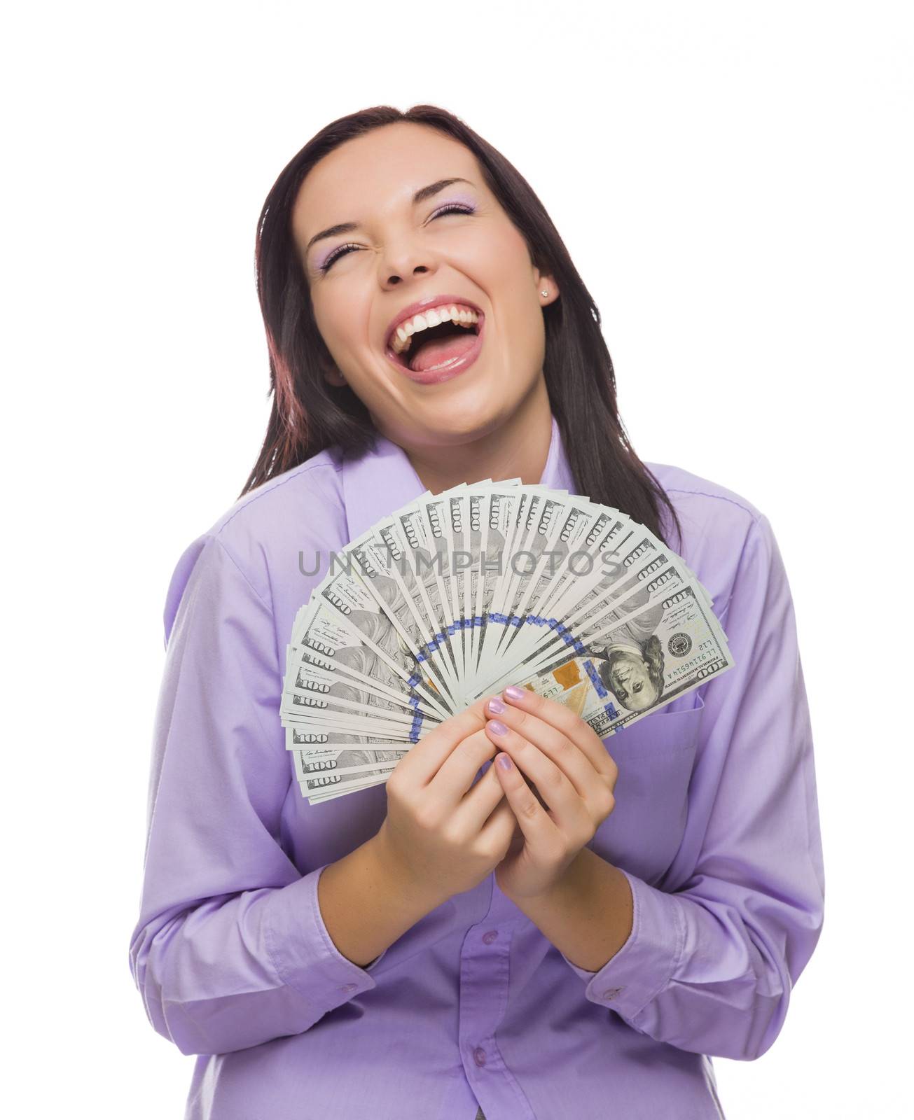 Excited Mixed Race Woman Holding the Newly Designed United States One Hundred Dollar Bills Isolated on a White Background.