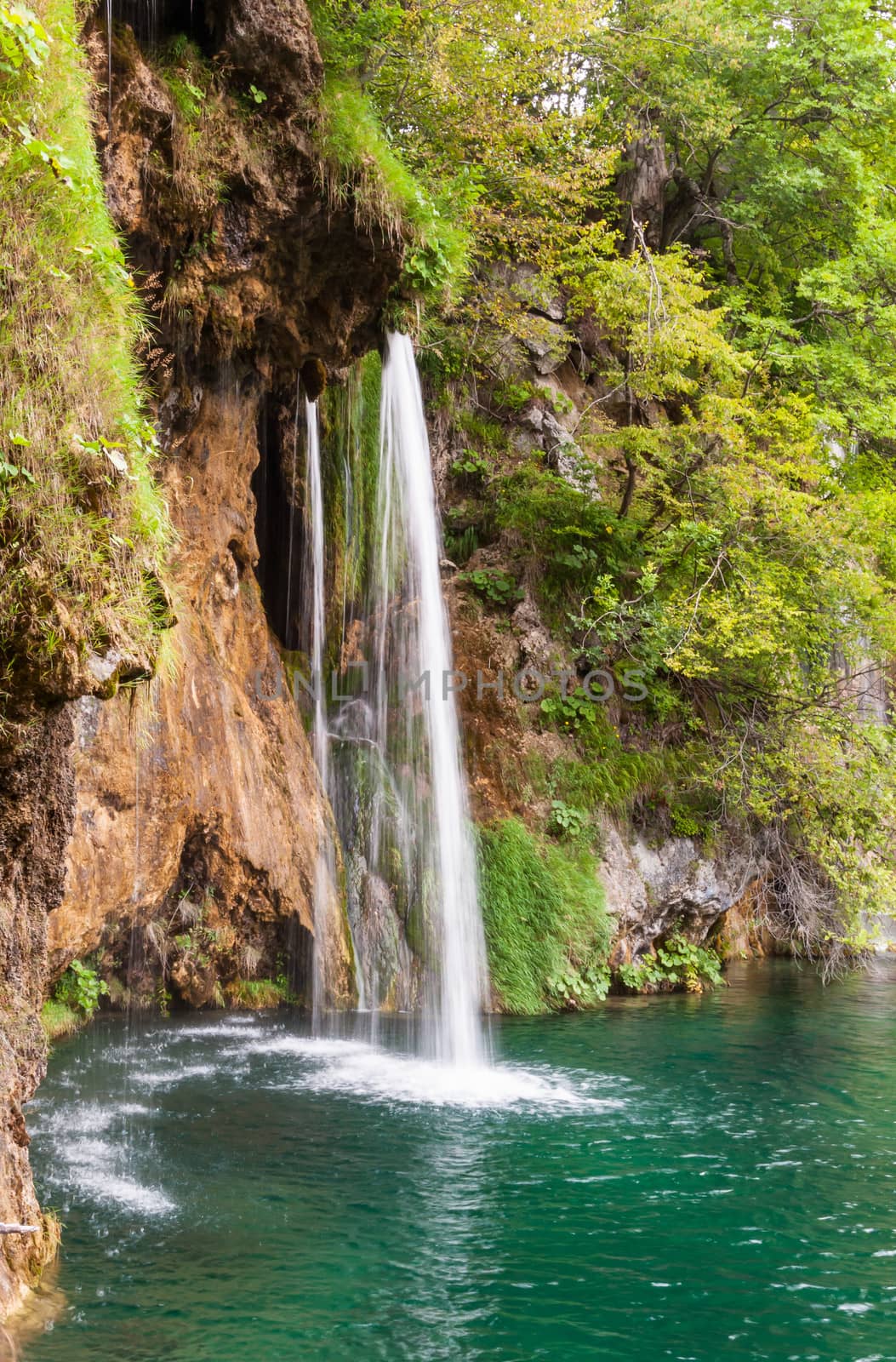 Thin waterfall in Plitvice Lakes National Park, Croatia