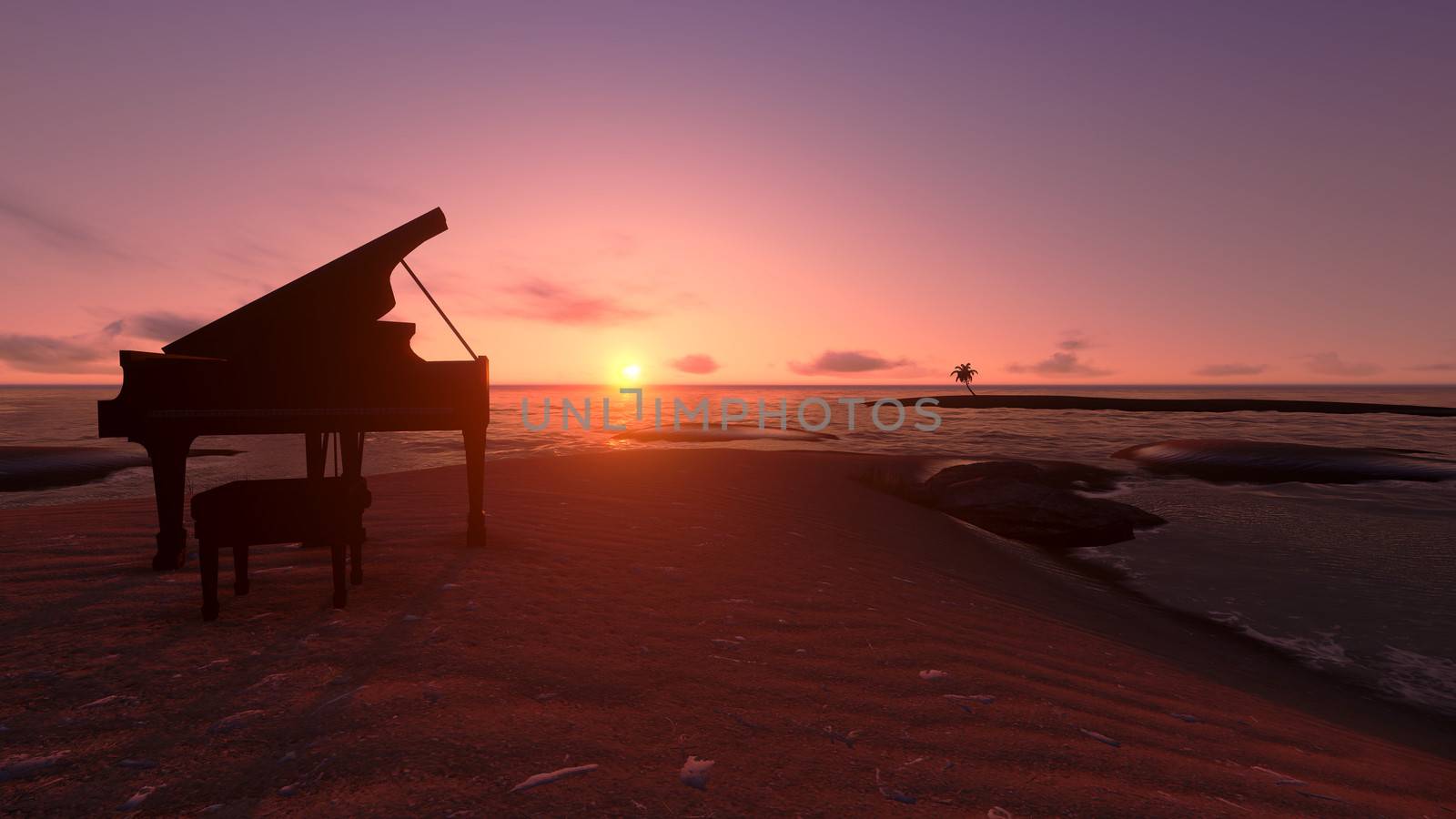 Piano on the beach in the sunset.