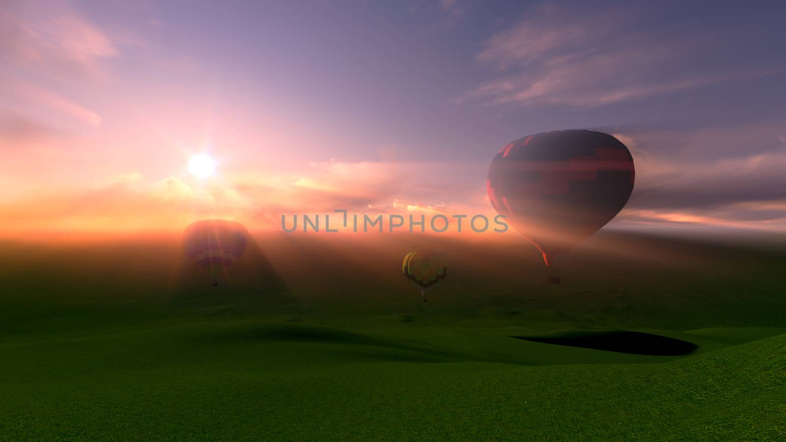 3D for hot air ballooning festival over the mountains in sunset