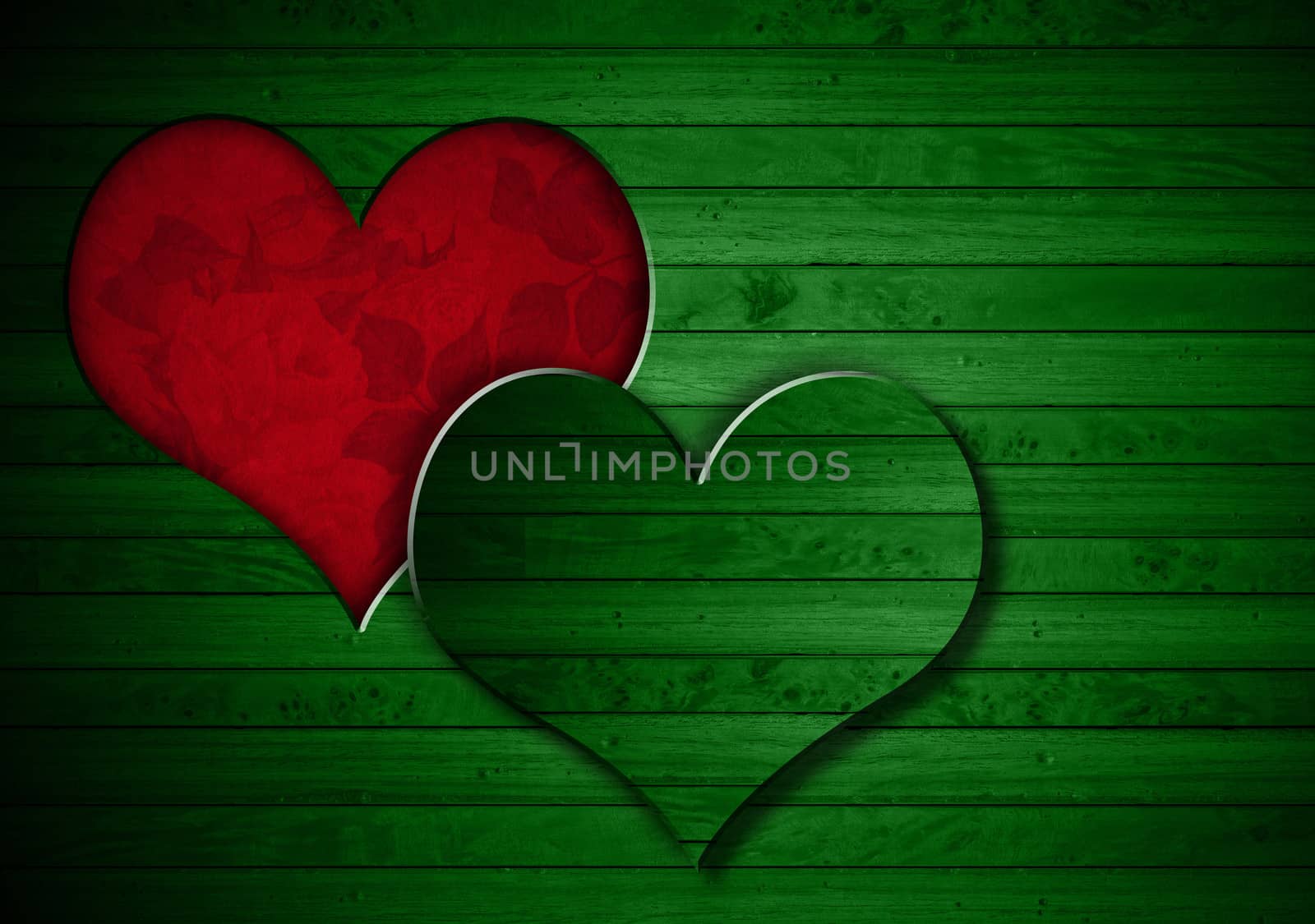 Green wooden wall with a hole in the shape of heart and red velvet background with roses flowers