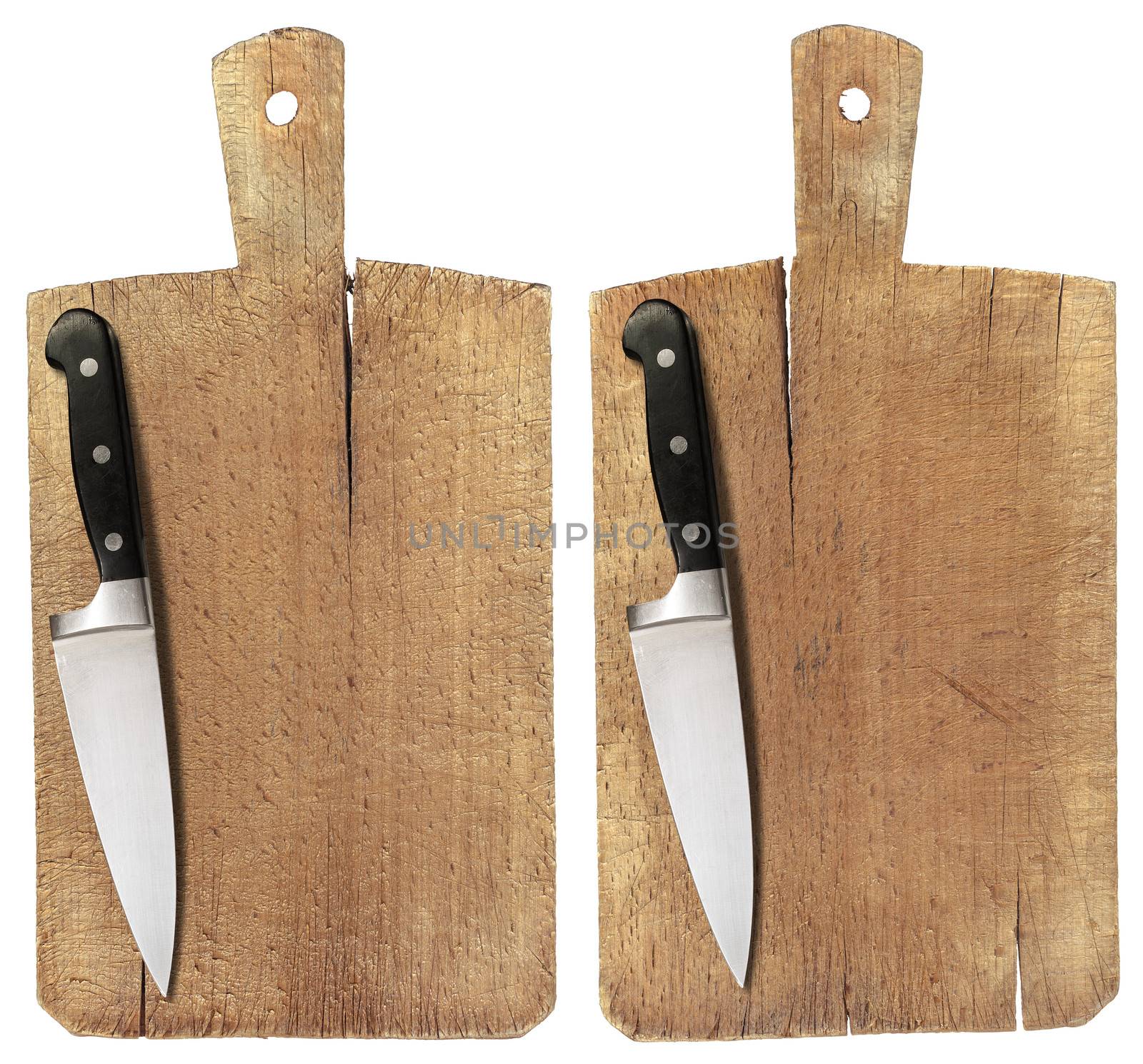 Used chopping or cutting board isolated on withe and kitchen knife
