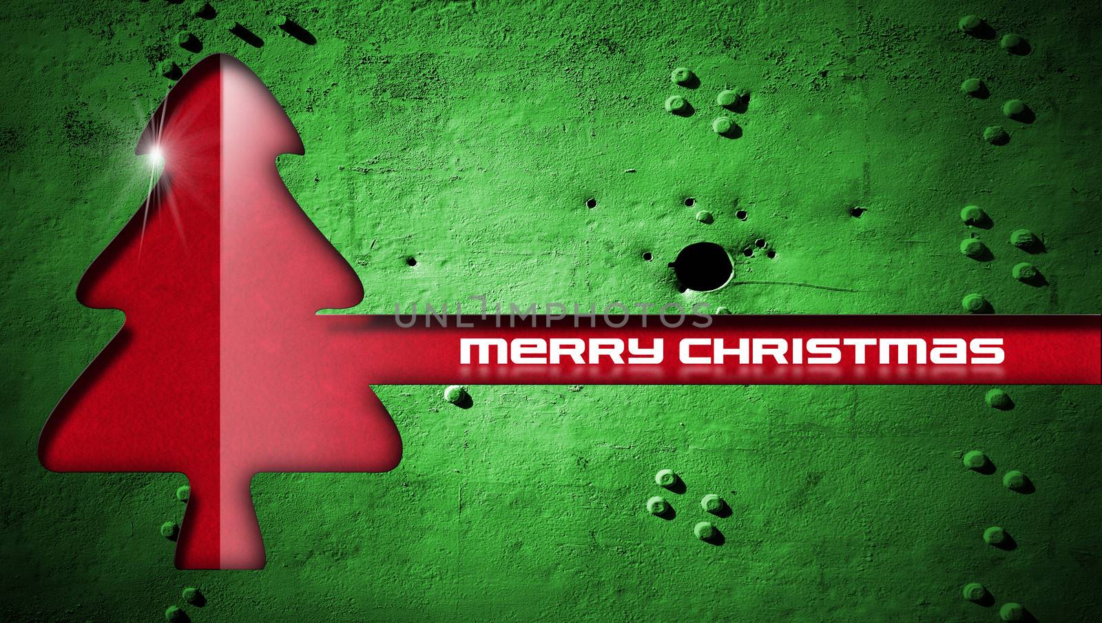 Red and stylized Christmas tree with glitter on green grunge metal background