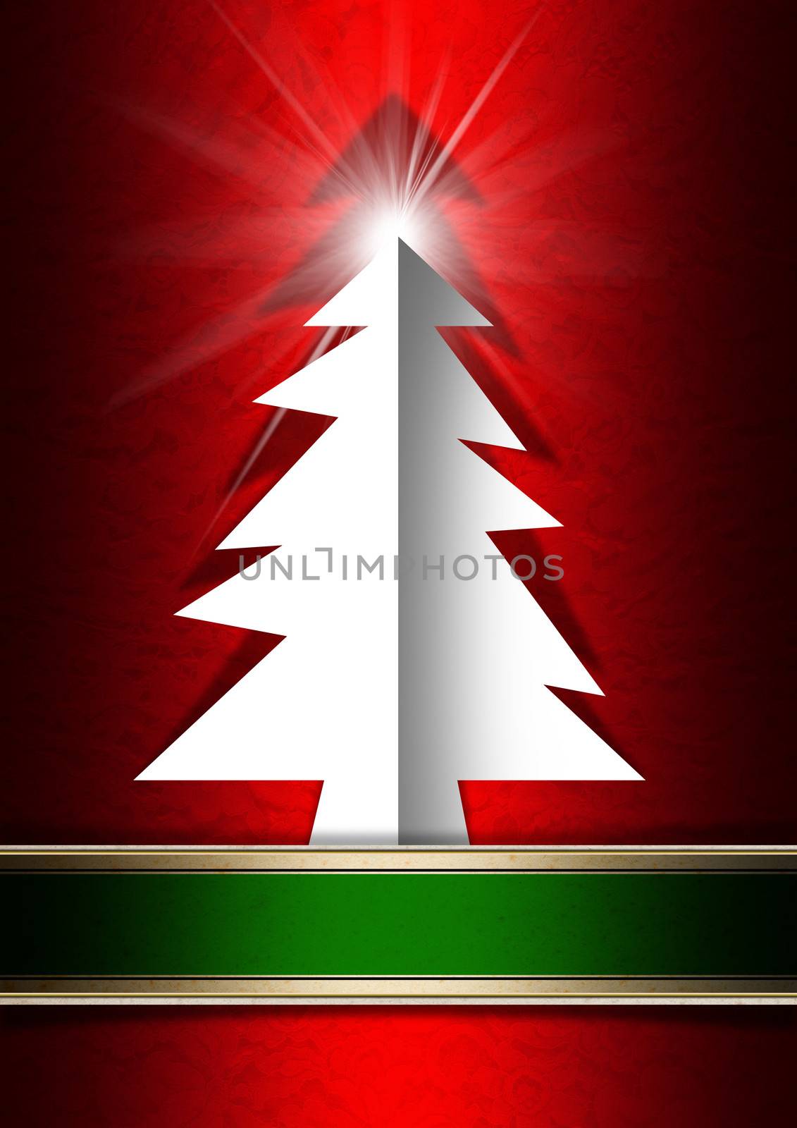 White and stylized Christmas tree on red ornate floral seamless and green plaque