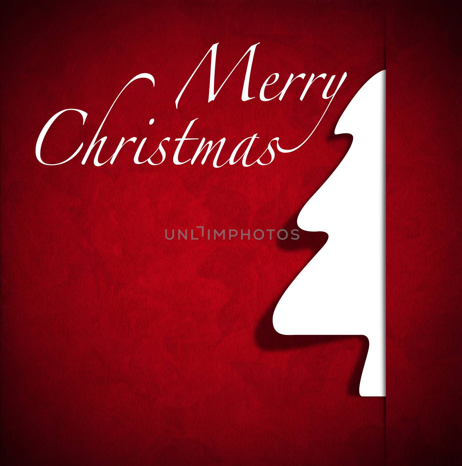 White and stylized Christmas tree on red velvet ornate floral seamless
