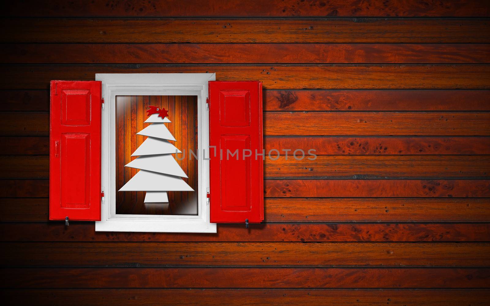 White stylized Christmas tree seen through a wooden window with red shutters

