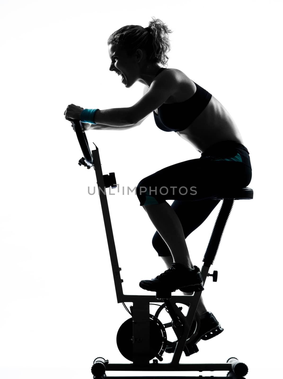 one woman biking exercising workout fitness aerobic exercise posture on studio isolated white background