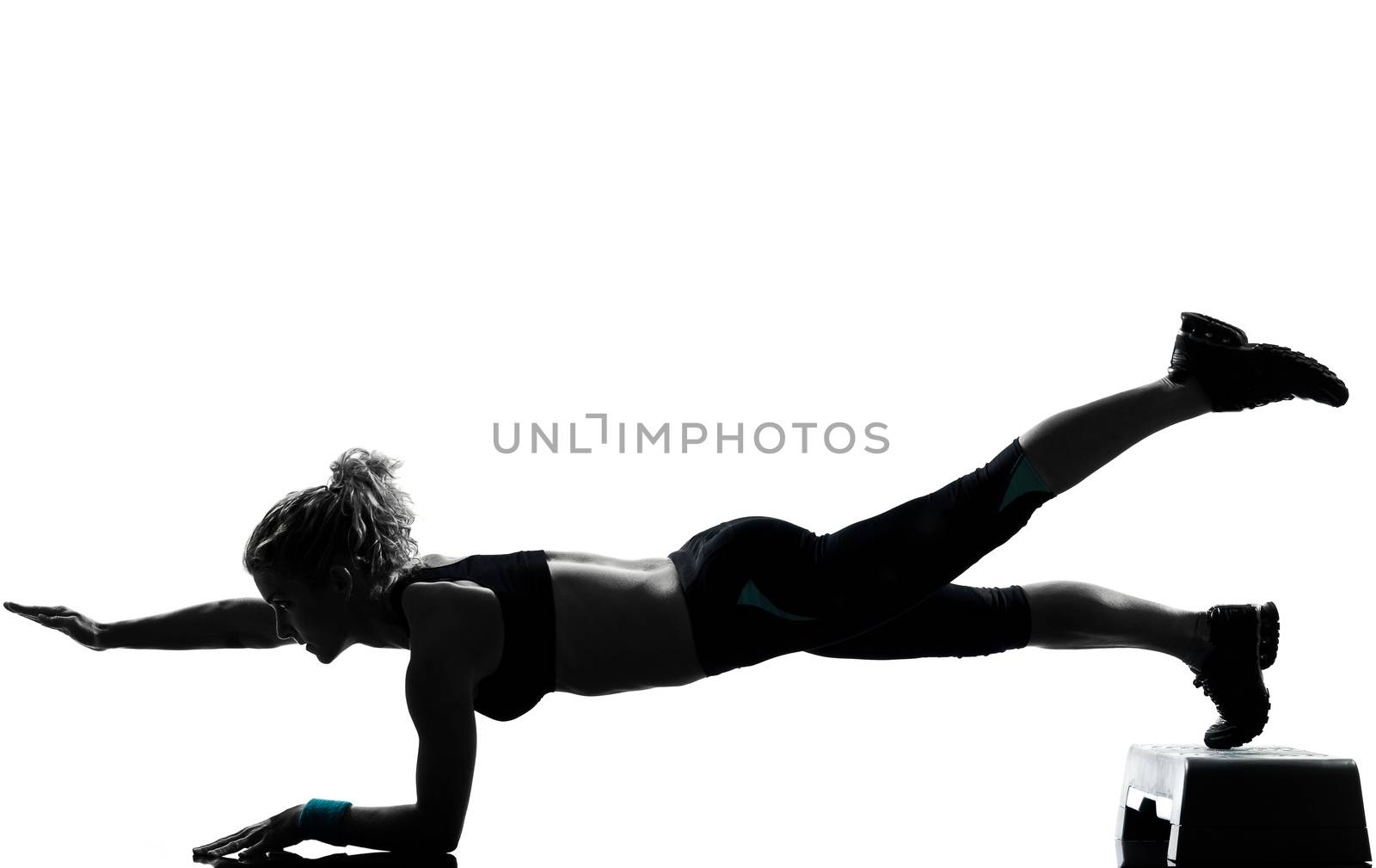 one woman exercising workout fitness aerobic exercise abdominals push ups posture on studio isolated white background