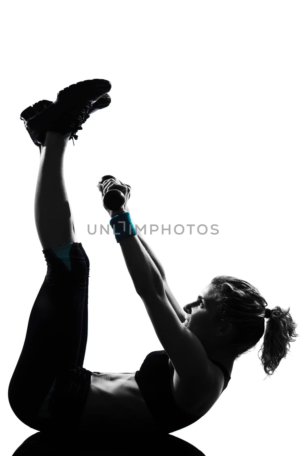 woman workout fitness posture body building weight training exercise exercising on studio isolated white background