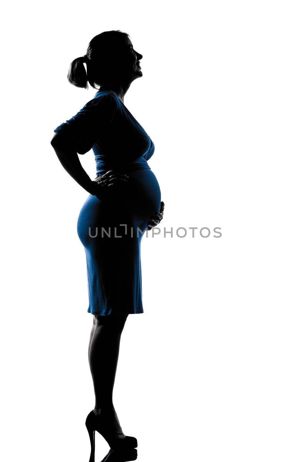 beautiful caucasian happy pregnant woman in full length silhouette on studio isolated white background