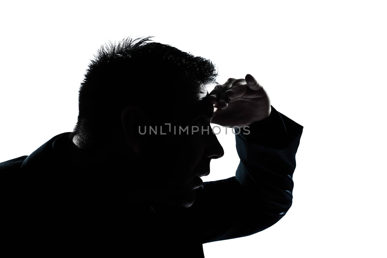 one caucasian man portrait silhouette looking forward gesture in studio isolated on white background
