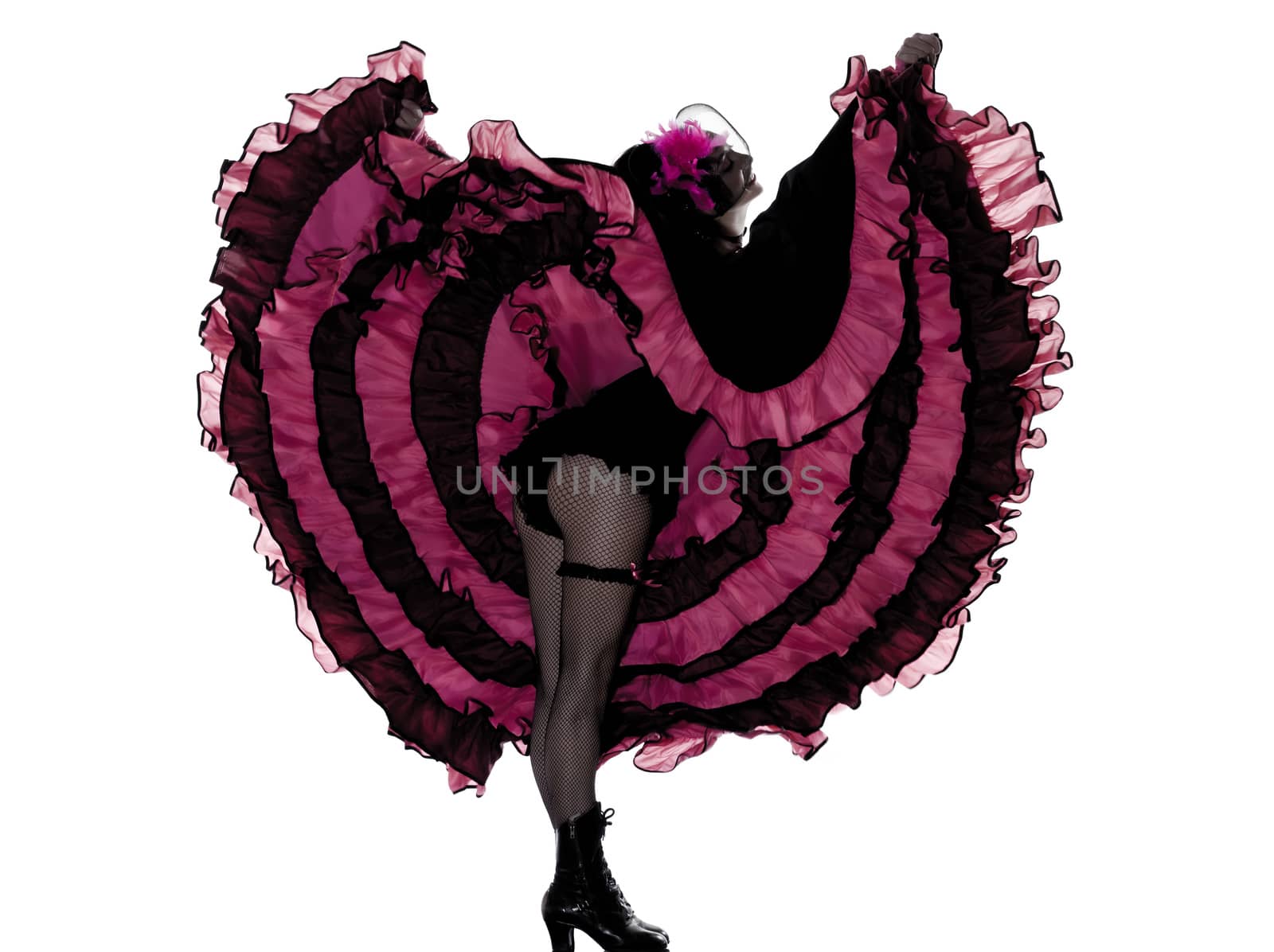 woman dancer dancing french cancan in studio isolated on white background