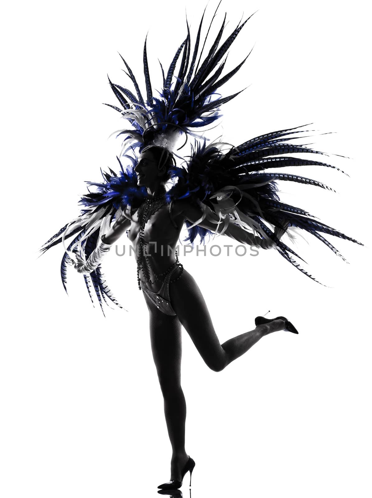 woman showgirl dancer revue dancing in studio isolated on white background