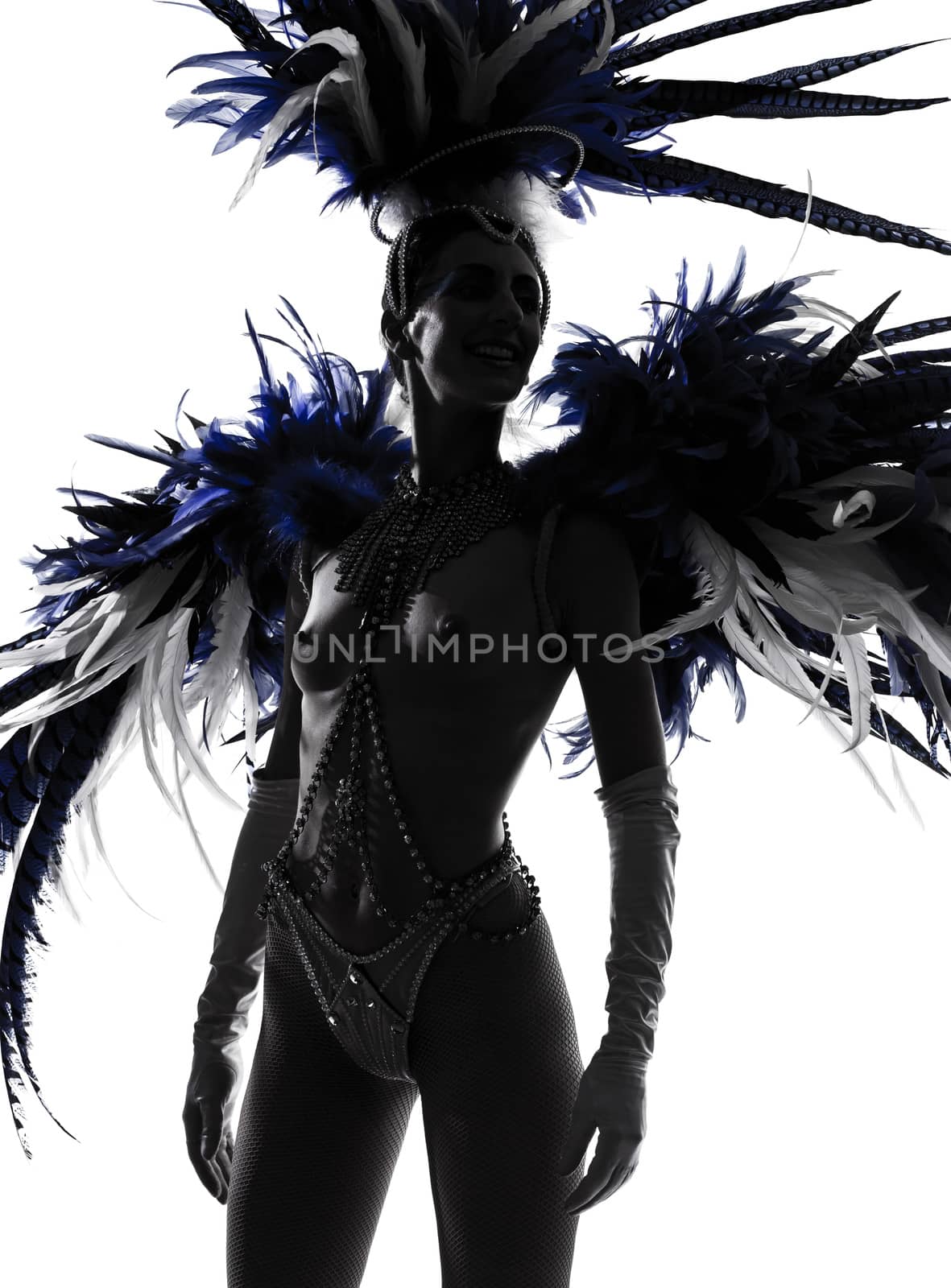 woman showgirl dancer revue dancing in studio isolated on white background