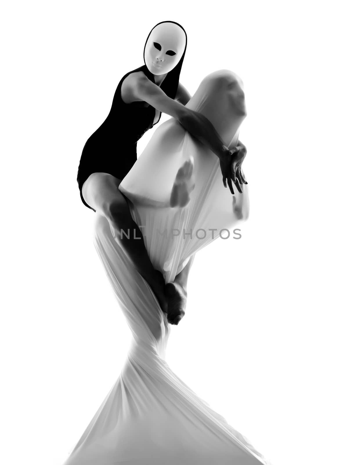 dancer performer mime with mask acting couple lovers conceptual in studio isolated on white background