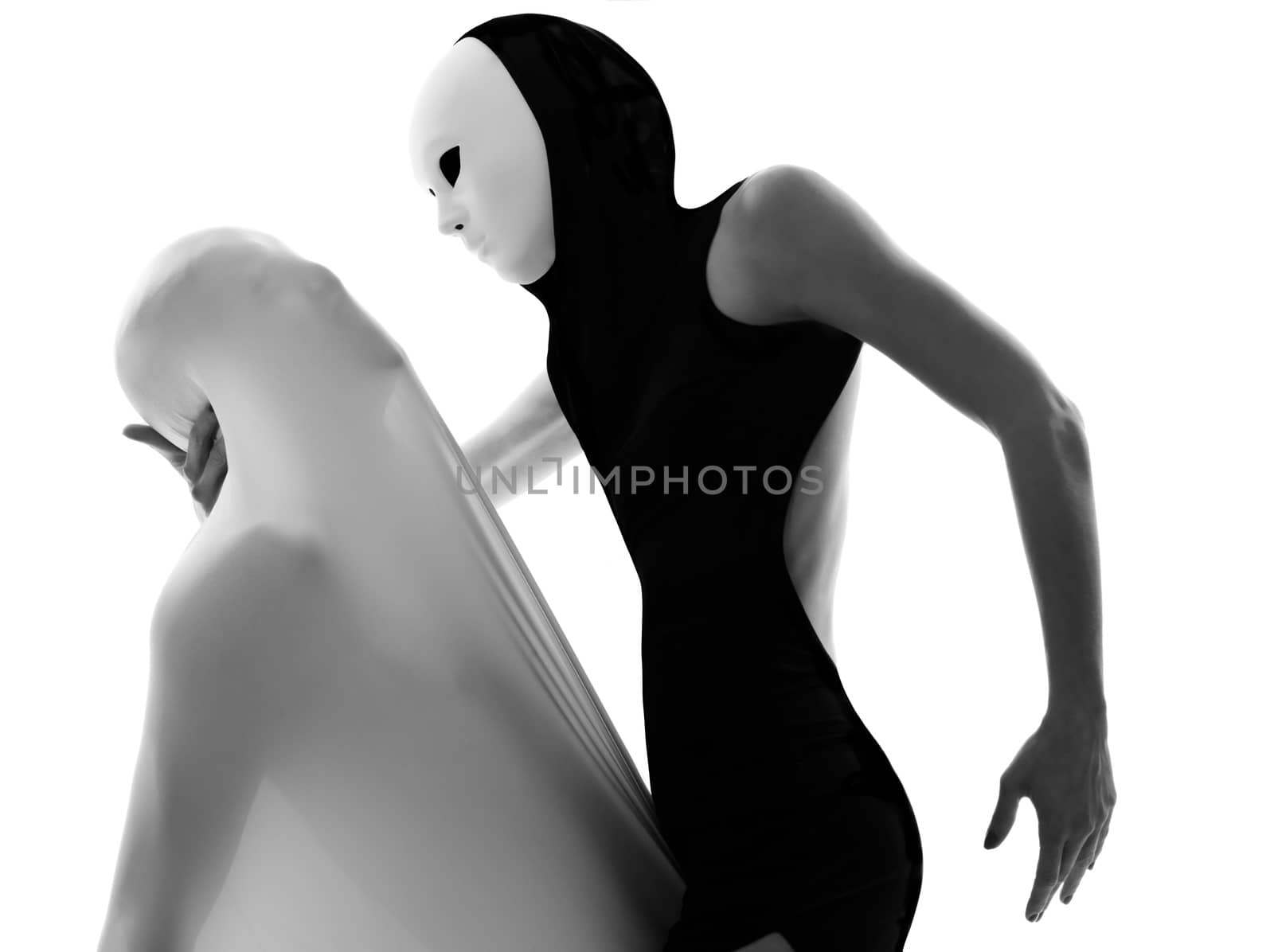 dancer performer mime with mask acting couple lovers conceptual in studio isolated on white background