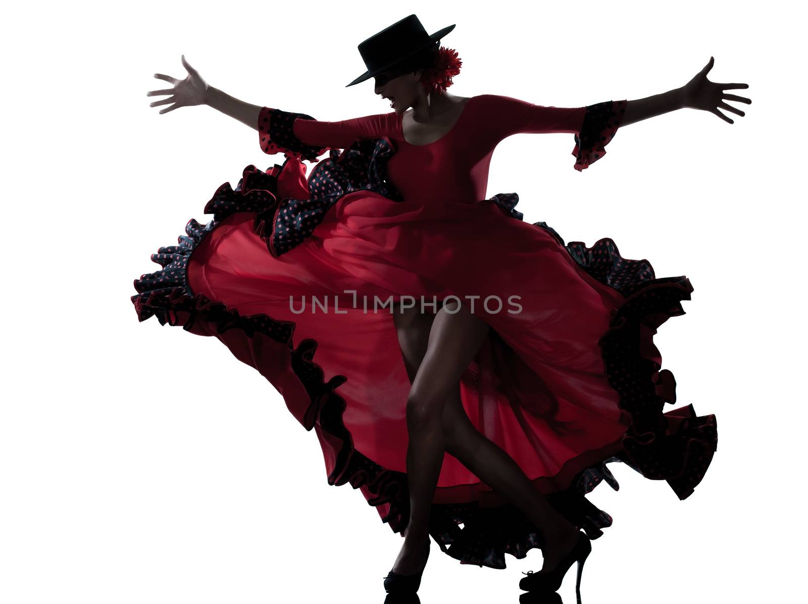 one woman gypsy flamenco dancing dancer on studio isolated white background