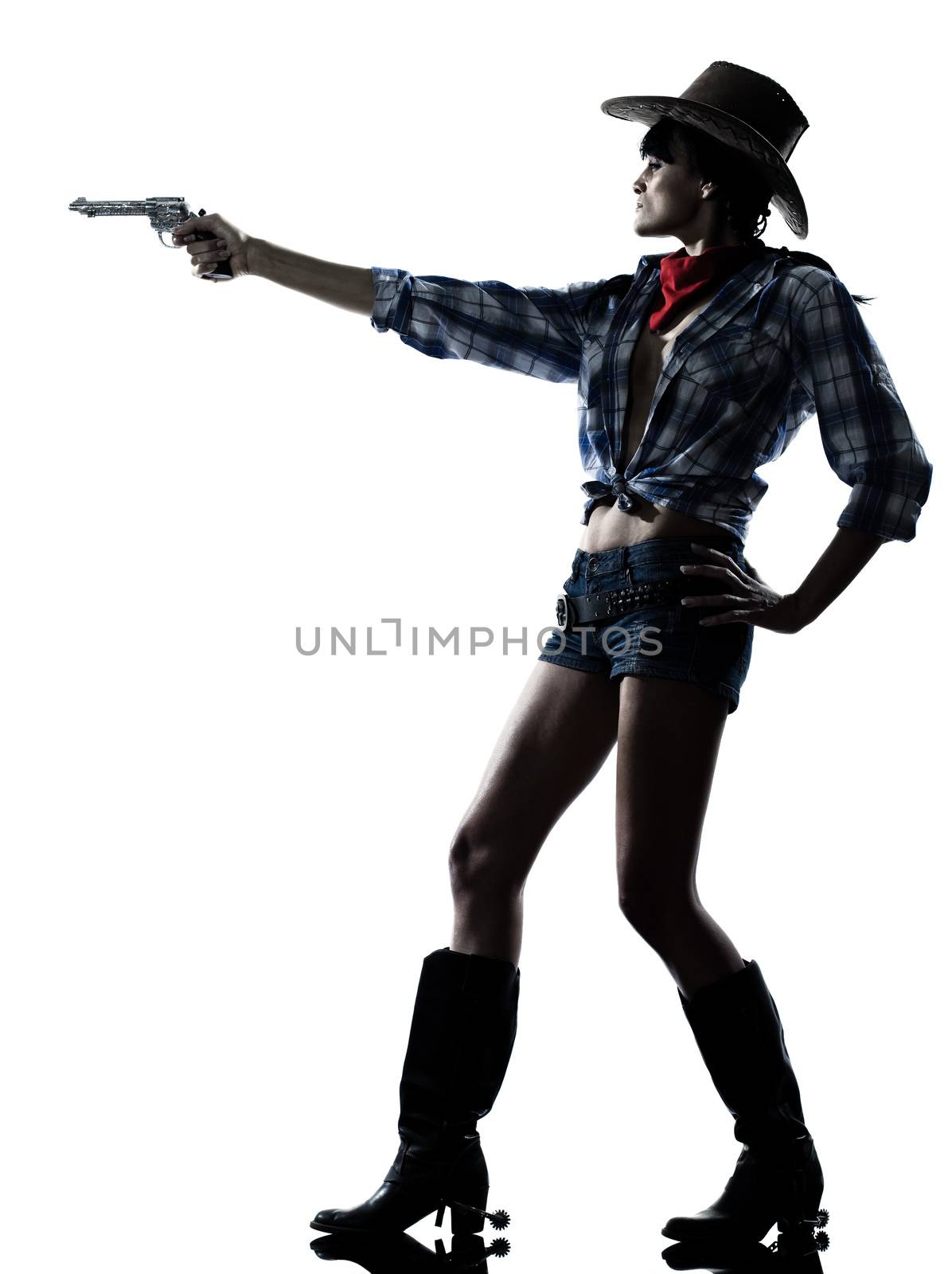 one woman cowgirl  shooting gun revolver studio isolated on white background