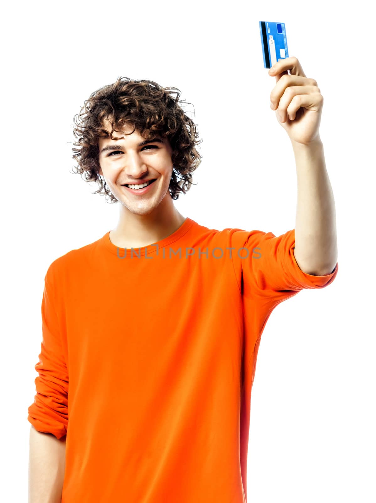 one young man caucasian happy holding credit card portrait  in studio white background