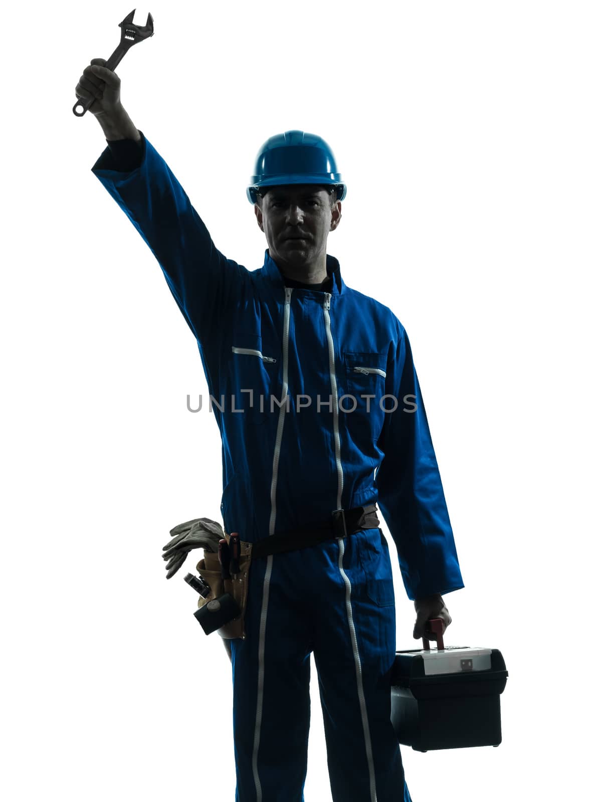 one caucasian repairman worker saluting silhouette in studio on white background