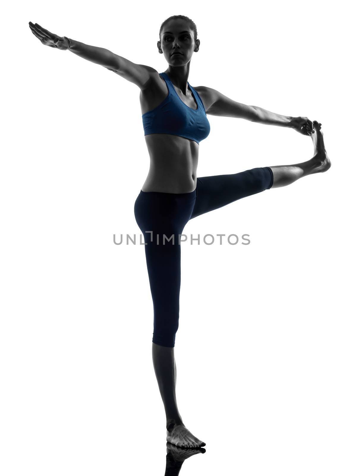 one caucasian woman exercising yoga Hasta Padangusthasana in silhouette studio isolated on white background