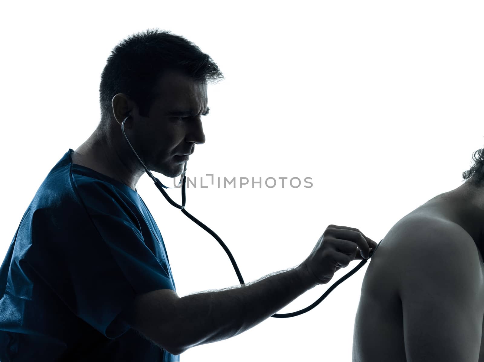 one caucasian man doctor surgeon medical worker stethoscope hearbeat  silhouette isolated on white background