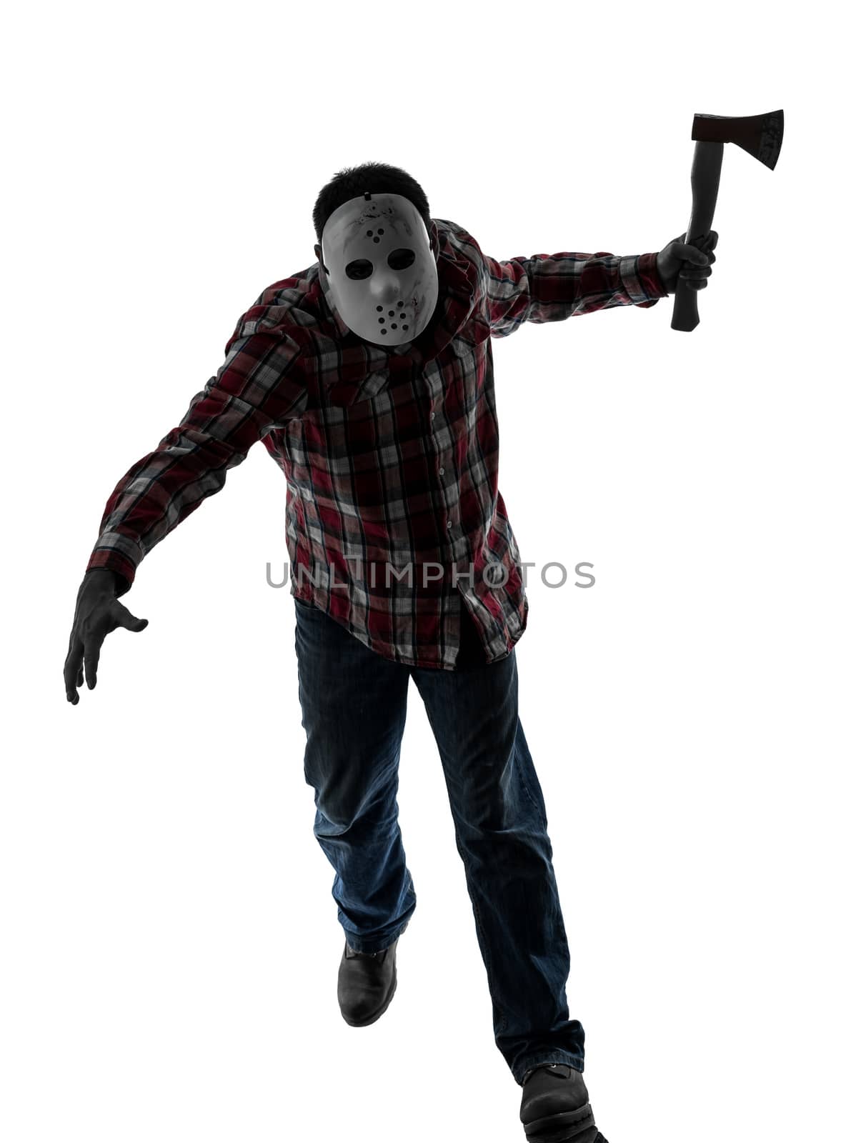 one caucasian man serial killer with mask full length in silhouette studio isolated on white background