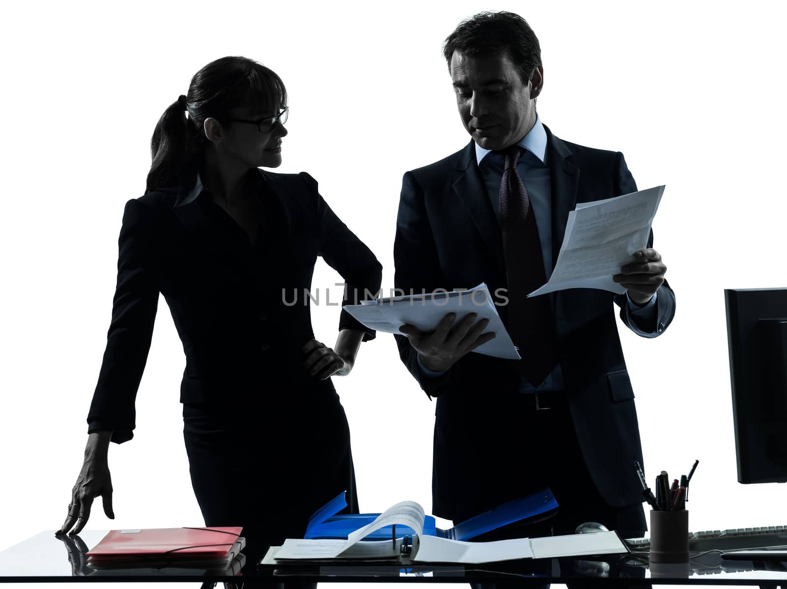 one caucasian busy smiling business woman man couple  in silhouette studio isolated on white background