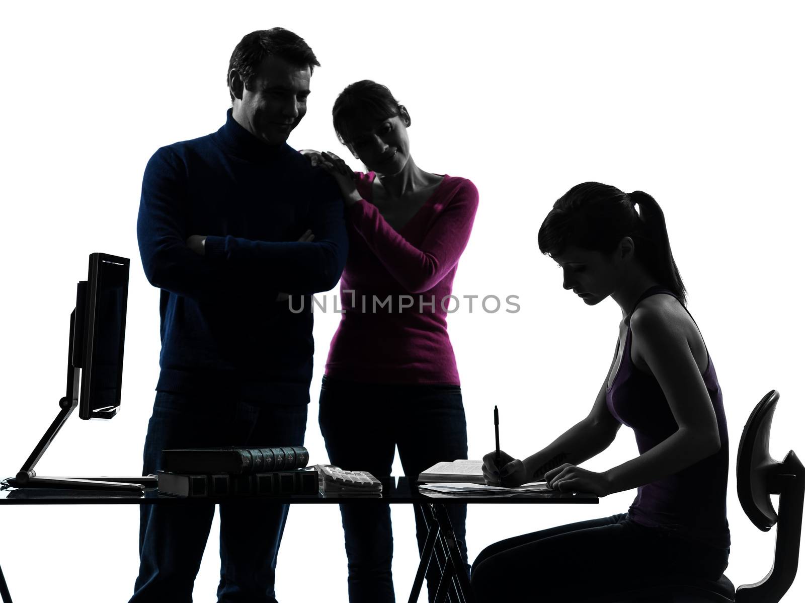 one caucasian family father mother proud satisfaction daughter   homework  in silhouette studio isolated on white background