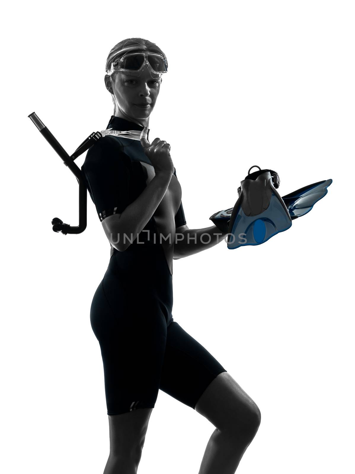 one caucasian woman snorkeler swimmer in silhouette studio isolated on white background