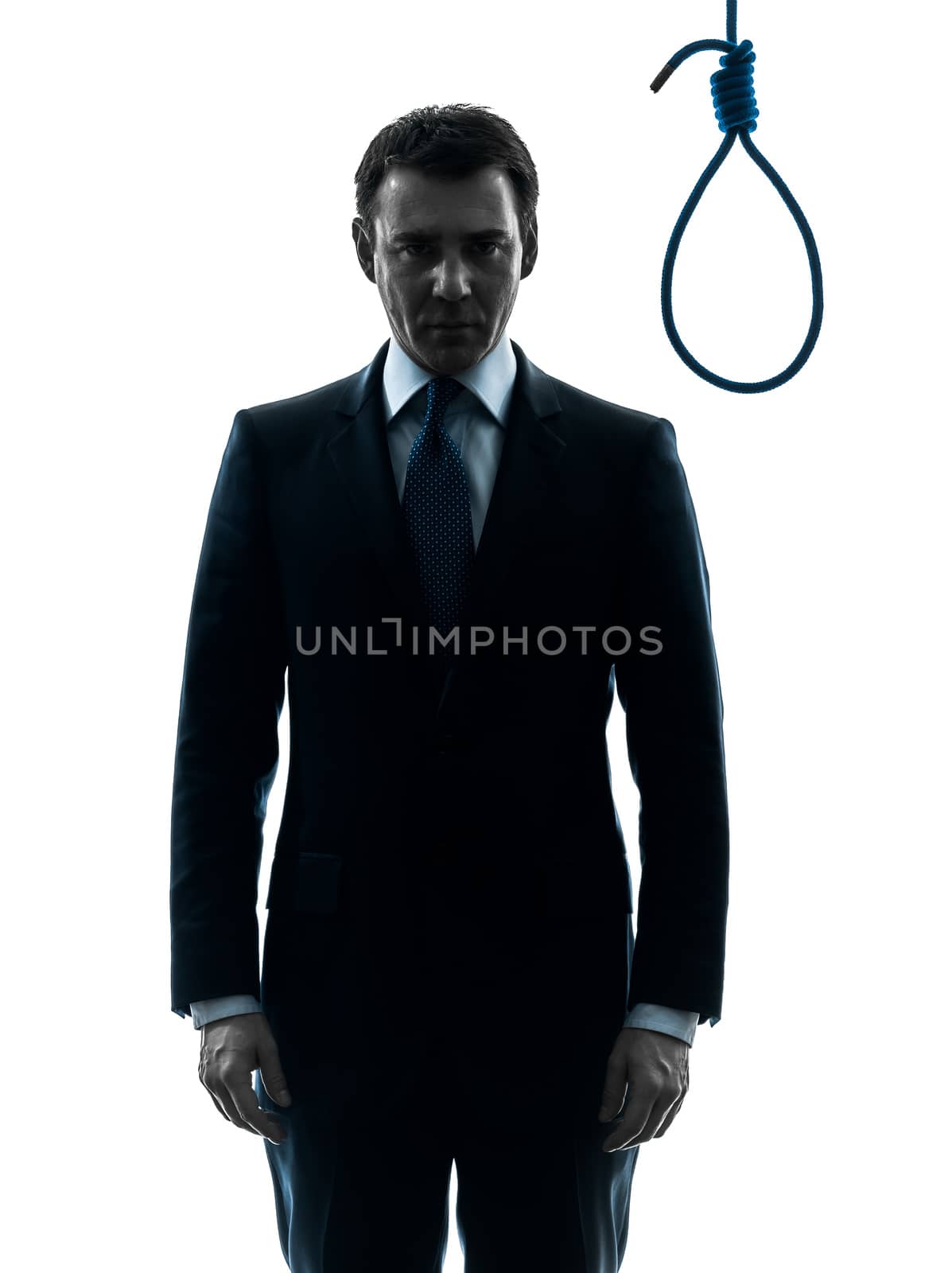 one caucasian judge  man standing in front of hangman's noose in silhouette studio isolated on white background
