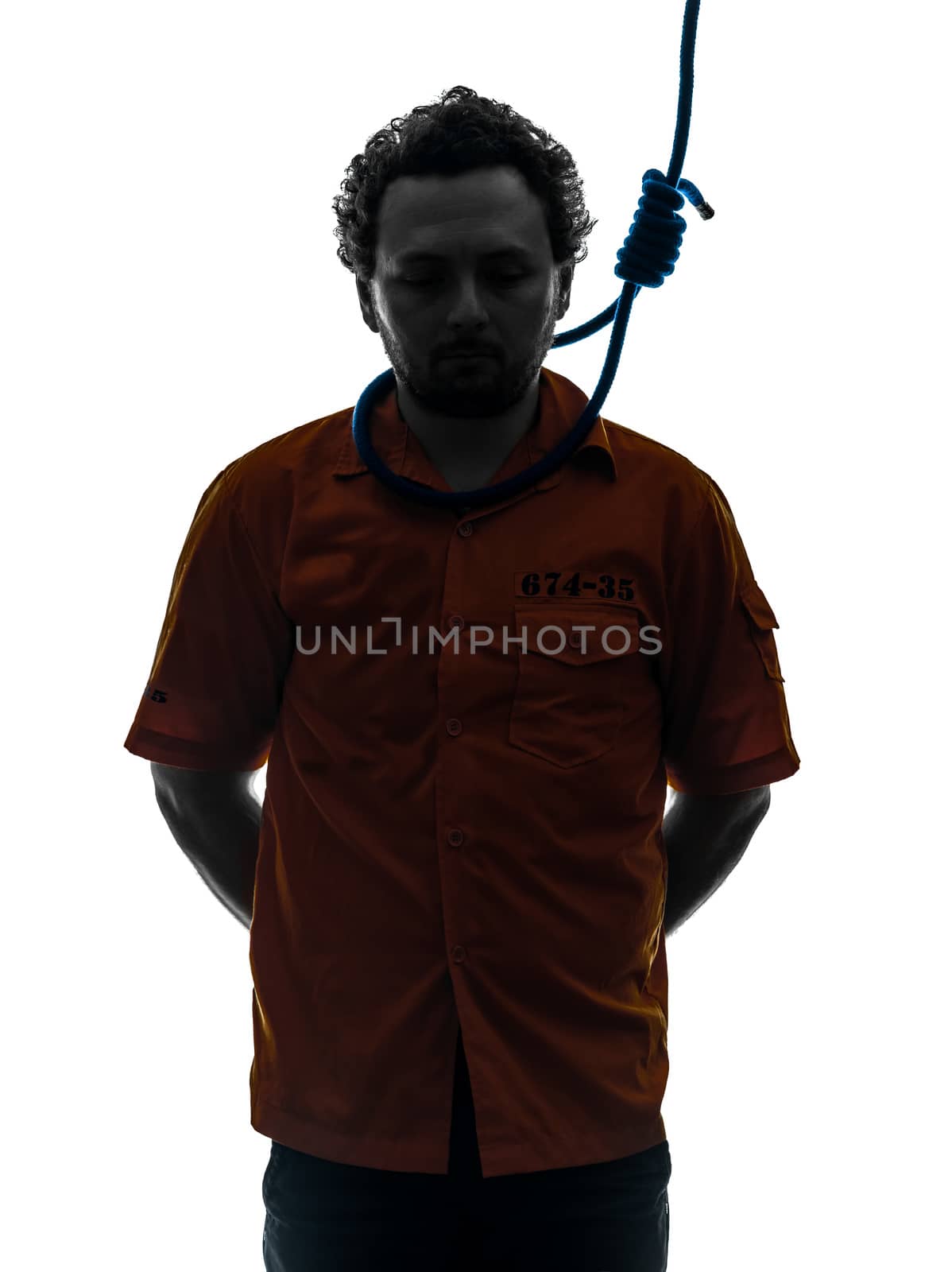 one caucasian criminal man with hangman noose around the neck in silhouette studio isolated on white background