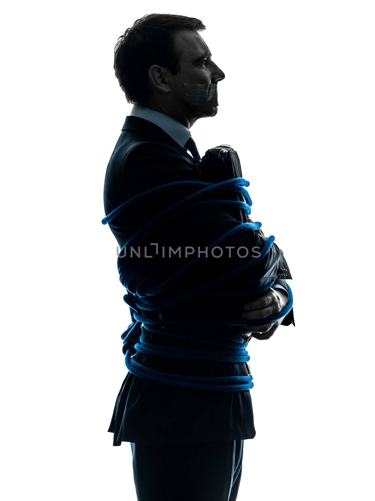 one caucasian business man tied up prisoner  in silhouette studio isolated on white background