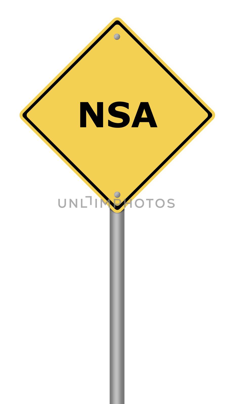 Yellow warning sign with the text NSA.